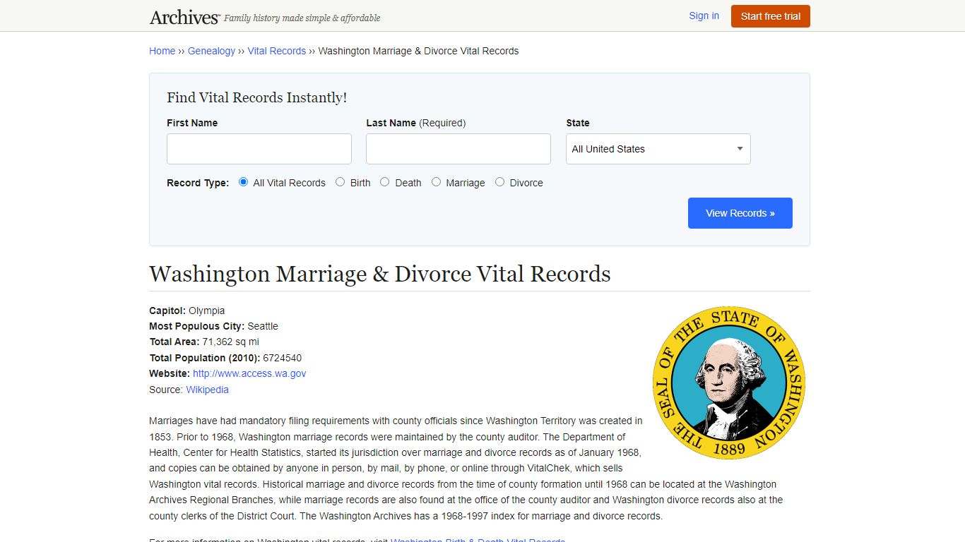 Washington Marriage & Divorce Records | Vital Records - Archives.com